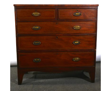 Victorian mahogany chest of drawers, rectangular top, boxwood and ebony stringing throughout, two short and three long gradua