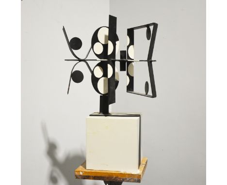 Mary Milner Dickens, Reflections, welded steel, black and white acrylic, on plinth, width 53cm, total height 84cm.Read more o