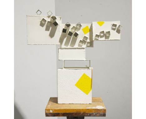 Mary Milner Dickens, Squares, an abstract sculpture, welded steel, spray painted white and yellow, on concrete base, width 59