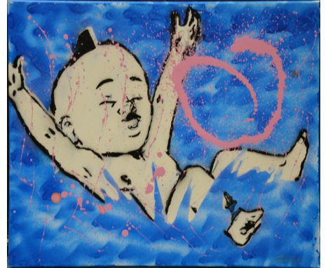 Moussa Sanogo, child in water, signed, gouache paint and acrylic spray on canvas, 50cm x 60cm; and Portrait of a child, head 