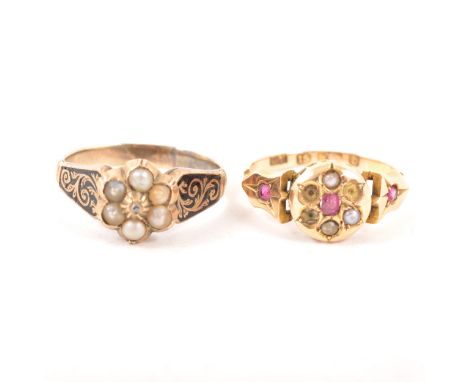 Two Victorian/Edwardian dress rings, a seed pearl ring with enamelled shoulders, gross weight approximately 2.7gms, ring size