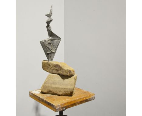 Mary Milner Dickens, Untitled, a modernist sculpture, silvered cast alloy on stone base, width 31cm, height 66cm.Read more on