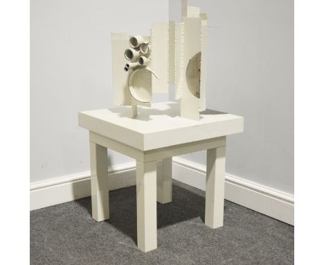 Mary Milner Dickens, Untitled, welded steel, painted white, polished sections, on a wooden base, width 48.5cm, depth 48.5cm, 