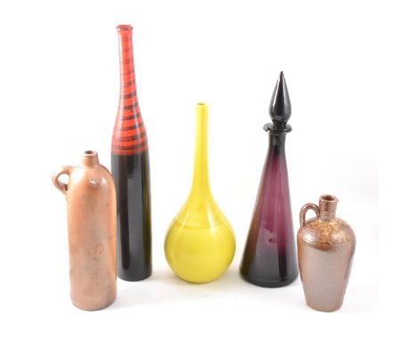 Collection of stoneware bottles, including a flagon, Eady &amp; Dulley Limited, Market Harborough; an amethyst glass decanter