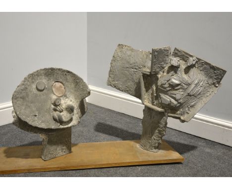 Mary Milner Dickens, Winged form, and another abstract form, silvered plaster, mounted on a wooden plank, winged form height 