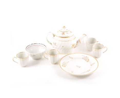 An English porcelain wrythen moulded teapot, probably Chamberlains, decorated with gilt sprigs, 18cm; Flight, Barr &amp; Barr