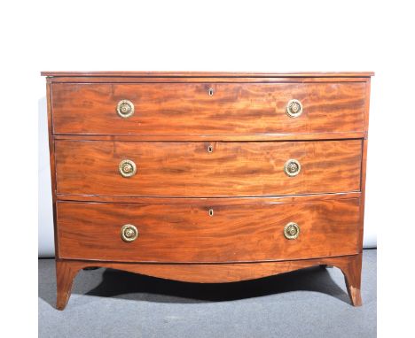 Victorian mahogany bowfront chest of drawers, three deep drawers, shaped apron, bracket feet, width 117cm, depth 58cm height 