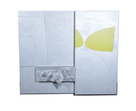 Mary Milner Dickens, Silvered abstract sculpture with yellow forms, mixed media, 123cm x 144cm.Read more on Mary Milner Dicke
