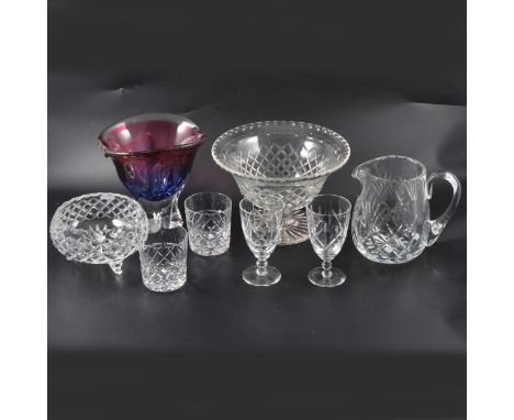 Art glass bowl, tinted ruby to amethyst, 18cm; pair of Victorian rummers, and other table glassware.