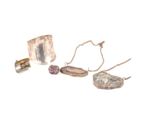 1970's silver jewellery with natural crystal, a large crystal pendant, 55mm x 70mm in a silver closed back mount hallmarked L