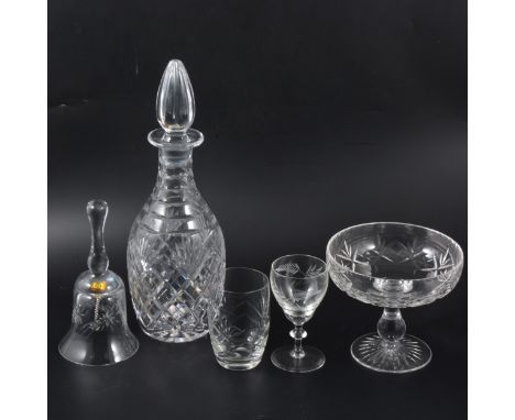 A lead crystal mallet-shape decanter, 31cm, and other table crystal.