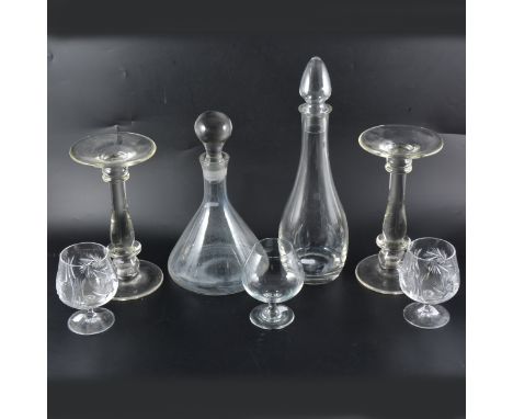 Crystal ship's decanter, 29cm, another contemporary decanter, a pair of glass stands, and three brandy balloons.