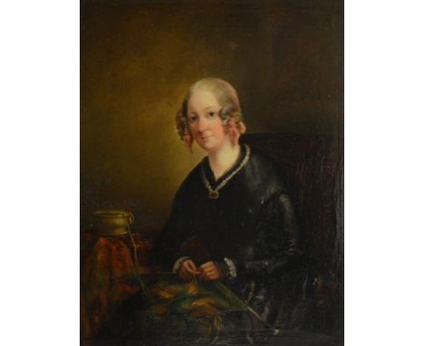 English School, 19th Century, portrait of a lady, three quarter length seated in a chair knitting, oil on panel, 24x19cm unsi