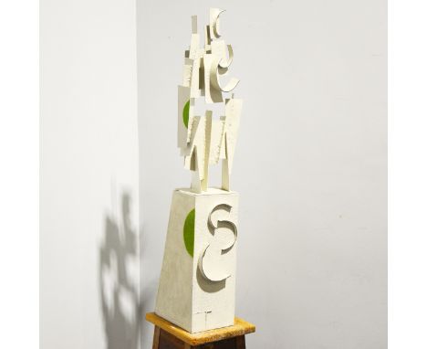 Mary Milner Dickens, Untitled - an abstract sculpture, welded steel, sprayed off-white and green, on shaped plinth, width 29c