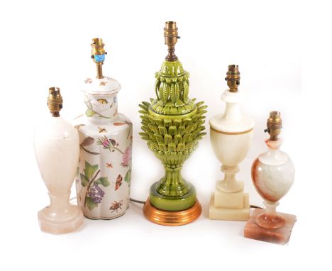 Green lead-glazed pineapple lamp base, 48cm overall; another contemporary pottery lamp base; a pair of alabaster lamp bases; 