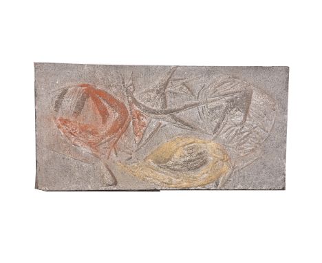 Mary Milner Dickens, Abstract wall plaque, 1962, signed and dated verso, cast concrete, stained and coloured 61cm x 122cm.Rea