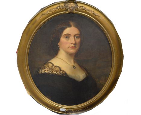 English School, late 19th Century, half length portrait of a lady, oil on canvas board, oval, 69x56cm.