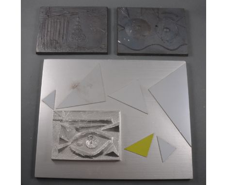 Mary Milner Dickens, Abstract panel, and two cast relief plaques, mixed media, the panel 38cm x 31cm, the cast plaques 19cm x