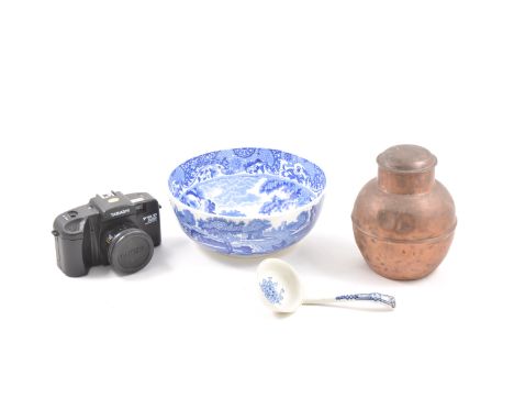 A Copeland Spode bowl and ladle, a copper urn with lid and a Tamashi S-1000F camera, (3).