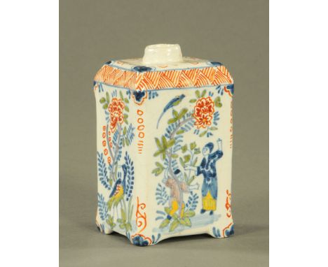 An 18th century Dutch polychrome Delft rectangular tea caddy, of chinoiserie design, decorated with figures and flowers.  13 