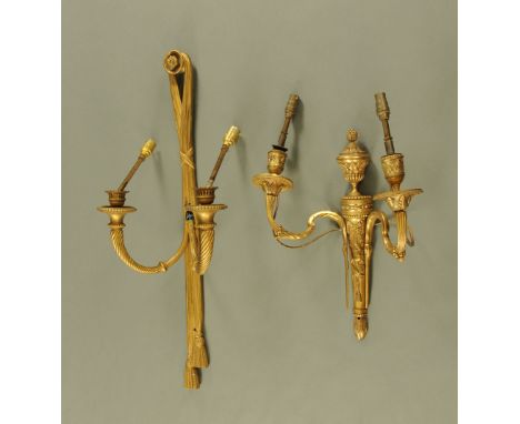Two gilt painted metal wall light fittings, both two branch.