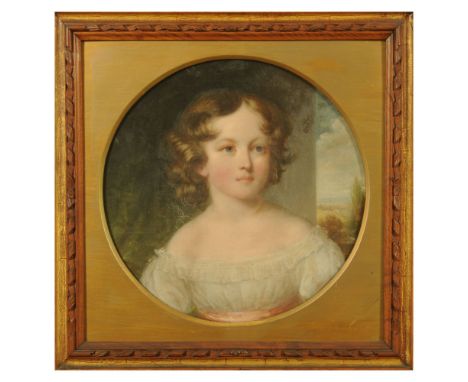 A 19th century oil on canvas, portrait of a young girl, possibly one of the Howard sisters, in a circular mount and moulded g