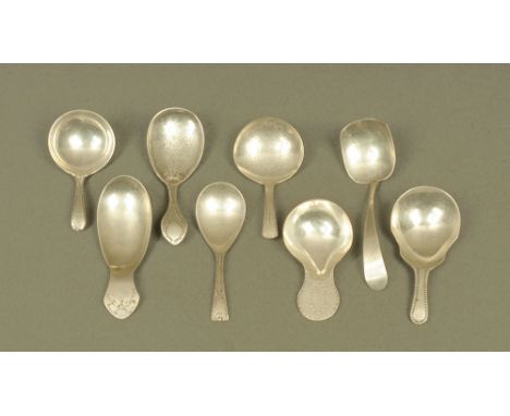 Three George IV silver caddy spoons (various dates and makers), three 18th/19th century silver caddy spoons, incompletely mar