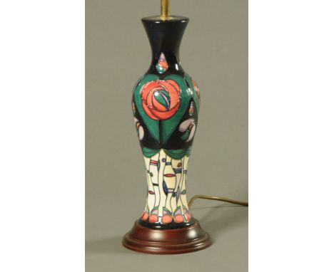 A modern Moorcroft pottery table lamp, of baluster form tube lined in "A Tribute to Charles Rennie MackIntosh" pattern with t