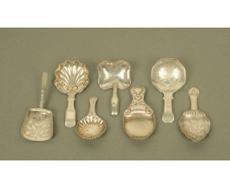 Seven George IV and William IV silver caddy spoons by Ledsam & Vale, displaying different patterns and styles, all hallmarked
