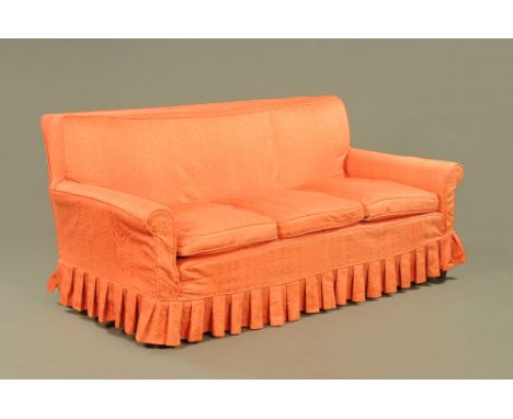 An Edwardian mahogany three seater settee, upholstered in salmon pink crushed silk style material, 84 cm x 178 cm x 92 cm.  C