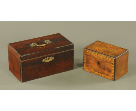 A George III mahogany tea caddy, with three interior compartments and brass carrying handle together with a Victorian walnut 