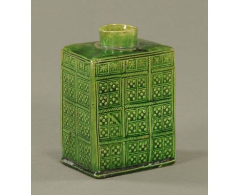 An 18th century Staffordshire green salt glazed stoneware tea caddy, decorated with stars and dots.  12.5 cm high. CONDITION 