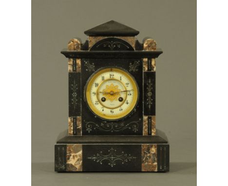 A Victorian black slate and marble panelled mantle clock by R Sutton Paris, with two train striking movement.  Height 33 cm, 