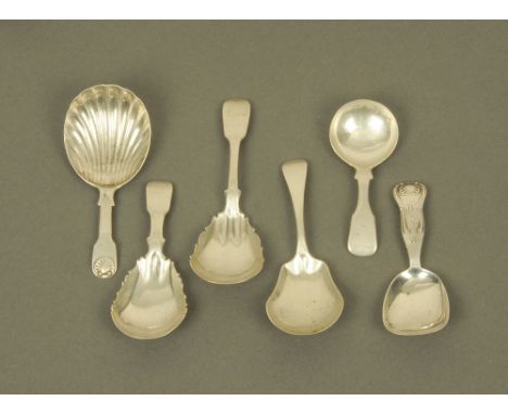 Six George III and later Scottish silver caddy spoons, all hallmarked for Glasgow between 1819-1838, makers including John Sc