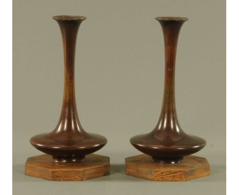 A pair of 19th century Japanese brown patinated bronze bottle shaped vases, converted to electric table lamps, bases drilled 