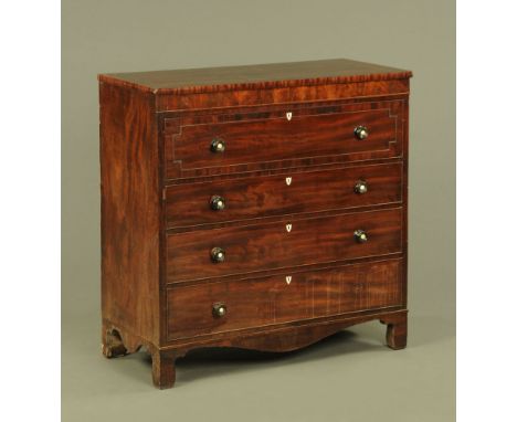 A 19th century mahogany Lancashire chest, one deep and three further graduated drawers with ebonised knob handles and bone lo