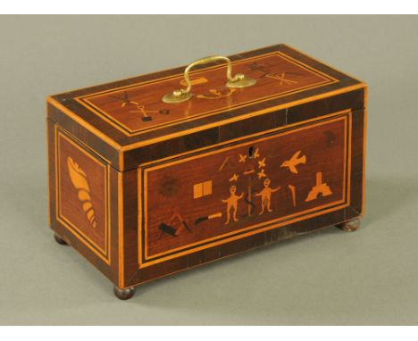 A George III mahogany rectangular three division tea caddy, naively inlaid with Adam and Eve, other motifs and boxwood string