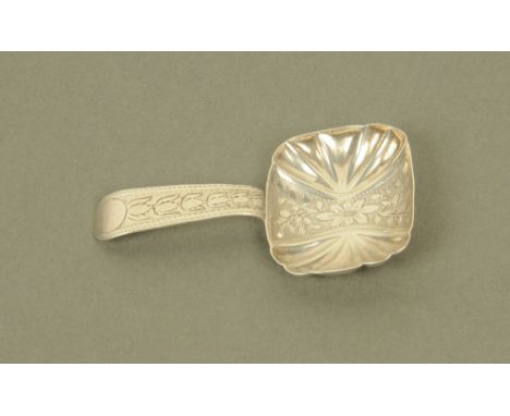 A George III silver caddy spoon by Wardell & Kempson, with reeded rectangular bowl and bright cut floral engraving, Birmingha