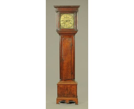 An 18th century oak cased 30 hour clock by John Lawrence of Lancaster, the 29 cm brass dial with Roman and Arabic numerals, t