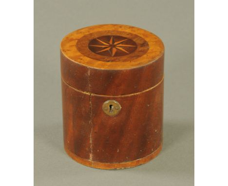 A George III mahogany cylindrical tea caddy, the lid with burr veneer and inlaid with parquetry star.  13 cm high, 11 cm diam