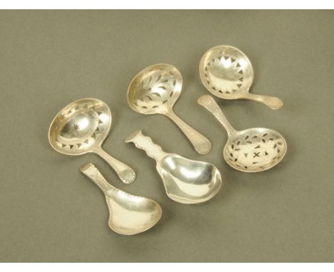 Five George III silver caddy spoons, all probably by George Burrows, four with pierced bowls, all hallmarked for London betwe