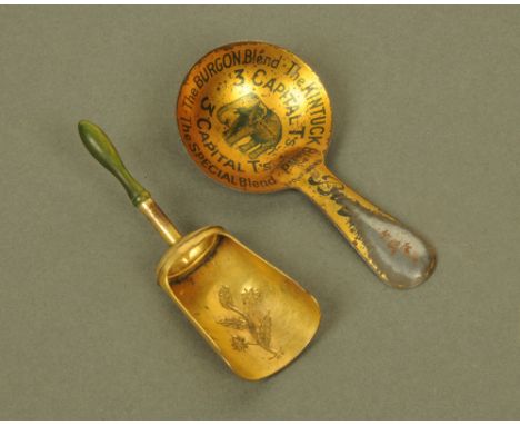 An early 20th century printed and gilded tin, advertising caddy spoon for "Namunah 3 T's", together with a late 18th/early 19