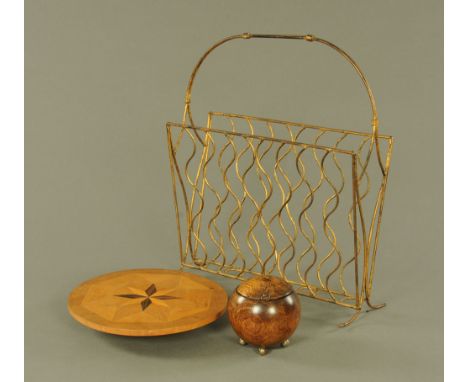 A gilt painted wirework magazine rack, 54 cm high x 42 cm x 17 deep, an oak spherical tea caddy, 14 cm high, and a parquetry 