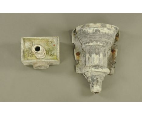 A lead cistern stamped JP 1829, width 30 cm, together with an early 19th century hopper, width 40 cm.