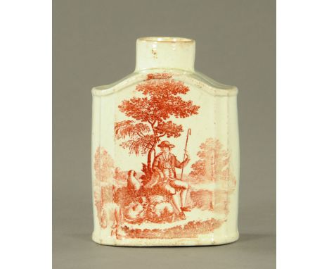 An 18th century creamware pottery tea caddy, decorated in red transfer with dining couple and servant and with shepherd and f