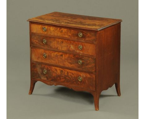 A George III Hepplewhite period chest of drawers, with quarter veneered well figured top with boxwood strung and rosewood ban