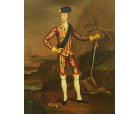 Style of "Wassdail" (possibly James Worsdale) oil painting, "Portrait of Charles Edward Stuart, the Young Pretender".  Canvas
