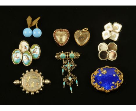 A pair of kingfisher enamel cufflinks, brooches etc.