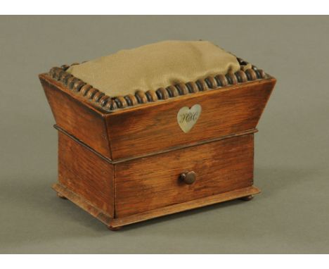 A William IV Rosewood sewing box, the angled pin cushion top with beaded moulding, fitted single drawer and inset with Mother