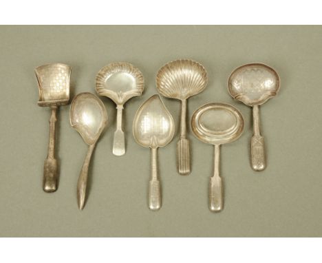 Six George III silver caddy spoons by William Pugh, displaying different shapes and designs including hollow handles, all hal